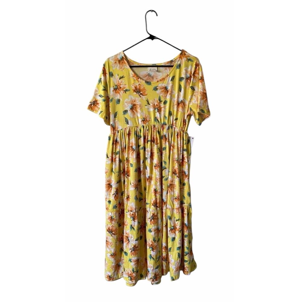 P & Rose Yellow Floral Tiered Cottagecore Spring Midi Dress Sz L Easter Prairie
